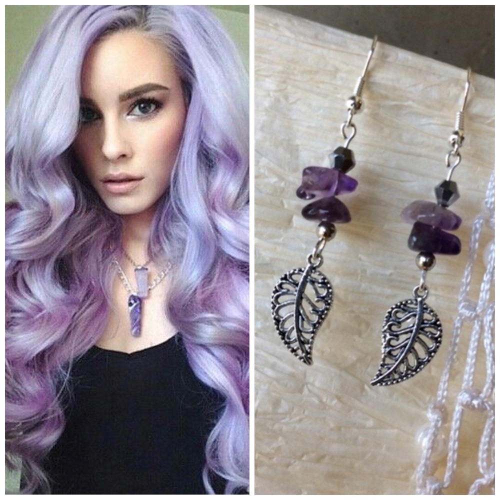 🌸 AMETHYST DANGLE DROP GEMSTONE METAL LEAF EARRINGS GYPSY BOHO PURPLE GEM TREND - Picture 7 of 7